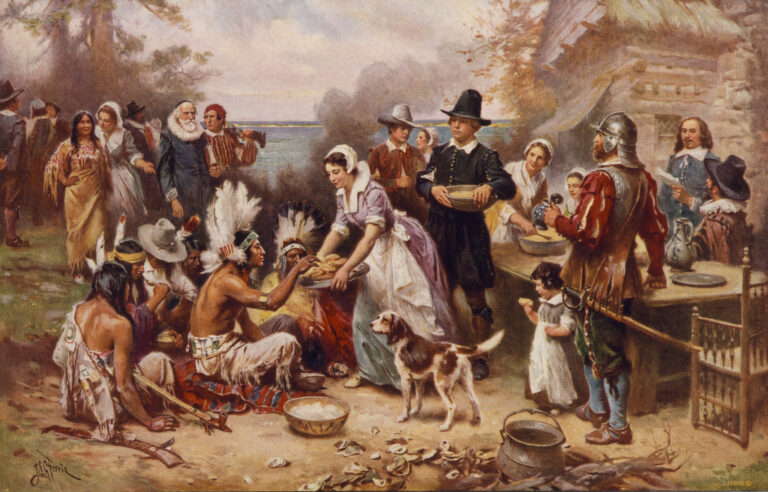 Dipinto di Jean Leon Gerome Ferris del 1621 dal titolo The first Thanksgiving.