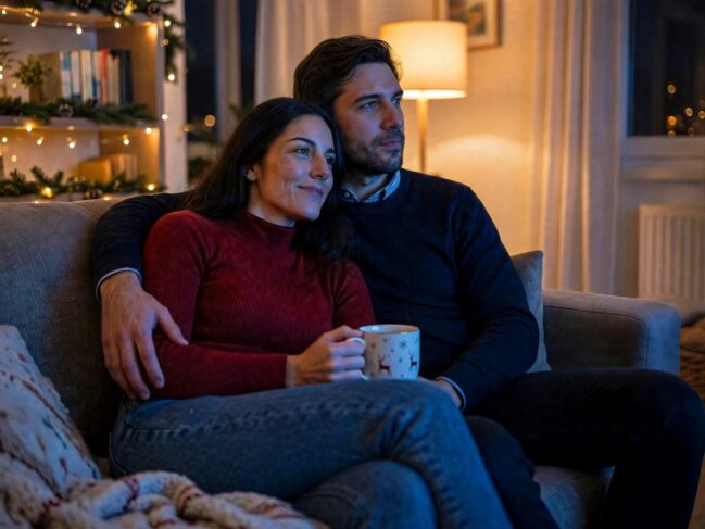 Coppia seduta abbracciata su un divano in un soggiorno addobbato per Natale con lucine calde. Donna con maglione rosso a collo alto tiene una tazza natalizia con renne. Uomo con maglione blu scuro e barba corta la abbraccia. Atmosfera accogliente e intima, luce soffusa serale.