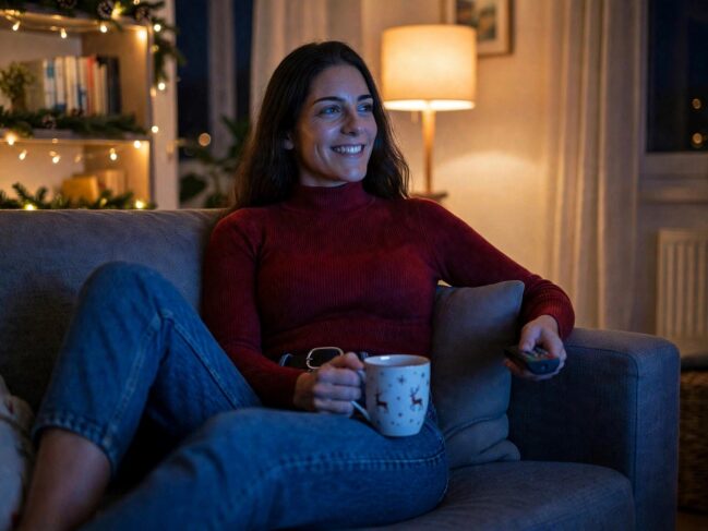 Donna con maglione rosso e jeans seduta su un divano grigio in un soggiorno natalizio accogliente. Tiene in mano una tazza bianca con renne e un telecomando, sorride guardando la televisione. Sullo sfondo lucine calde, ghirlande e una lampada accesa.